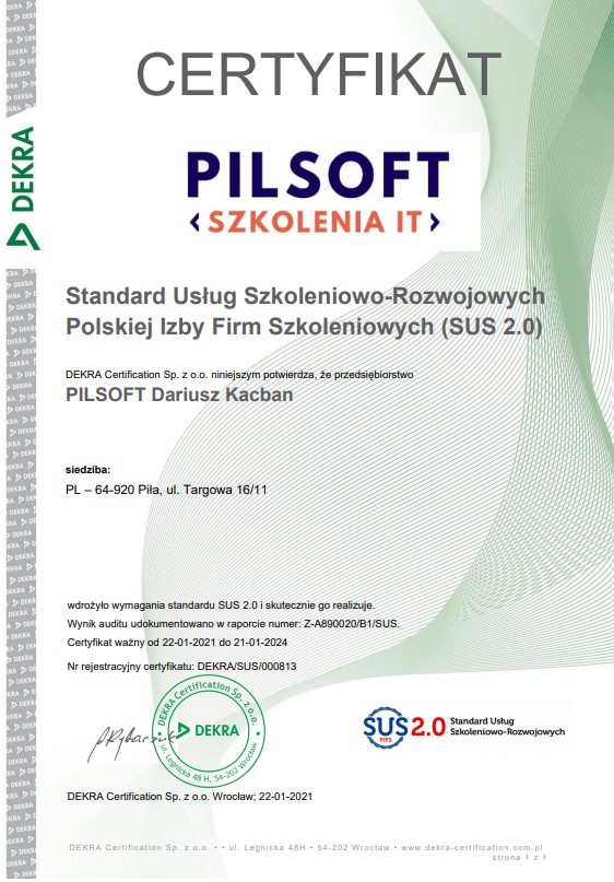 PILSOFT Dariusz Kacban Certyfikat Standard Usług Szkoleniowo-Rozwojowych